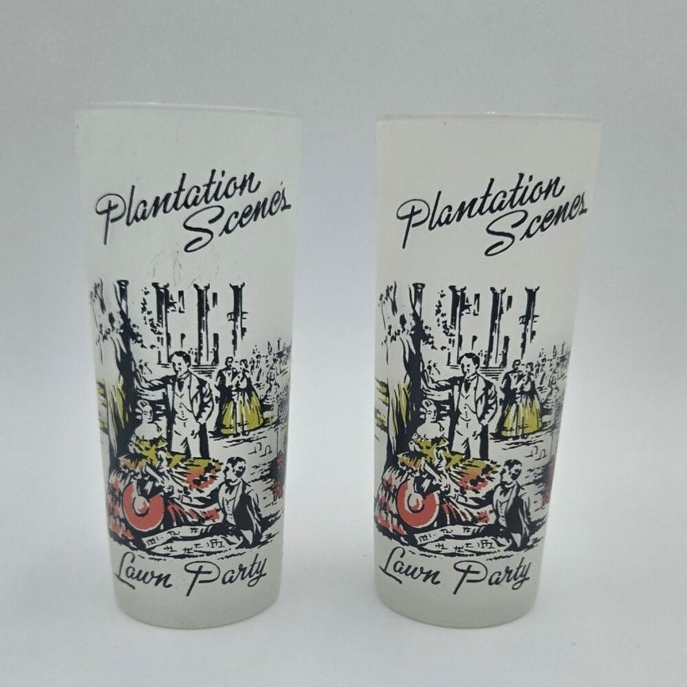 Vintage Libbey Plantation Scenes Frosted Glass Tumblers Set of 2 EUC